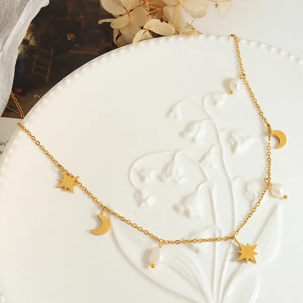 Charms_Style_pearl_fringe,_star_moon_Stainless_steel_necklace_Anti_Tarnish_Necklace_For_Girl_&_Women,_Stylish_fashionable_Western_Jewellery