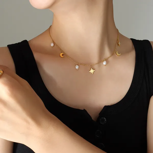 Charms_Style_pearl_fringe,_star_moon_Stainless_steel_necklace_Anti_Tarnish_Necklace_For_Girl_&_Women,_Stylish_fashionable_Western_Jewellery