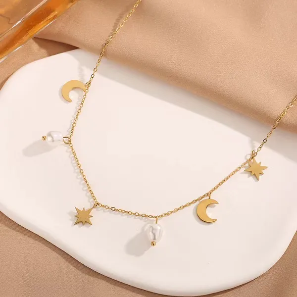 Charms_Style_pearl_fringe,_star_moon_Stainless_steel_necklace_Anti_Tarnish_Necklace_For_Girl_&_Women,_Stylish_fashionable_Western_Jewellery