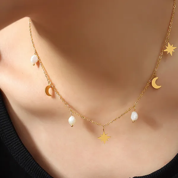 Charms_Style_pearl_fringe,_star_moon_Stainless_steel_necklace_Anti_Tarnish_Necklace_For_Girl_&_Women,_Stylish_fashionable_Western_Jewellery