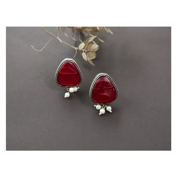 Fashionable_Pearl__drop__with_Triangular_shape_Pink_colour_synthetic_stone__Oxidized_earrings_for_women_&_girls
