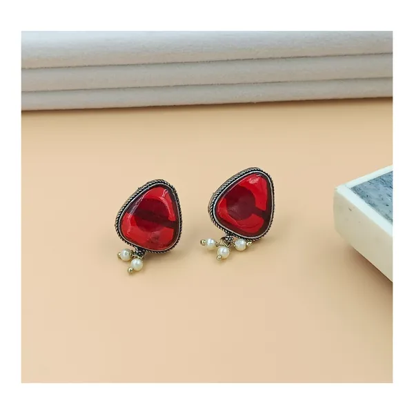 Fashionable_Pearl__drop__with_Triangular_shape_Pink_colour_synthetic_stone__Oxidized_earrings_for_women_&_girls