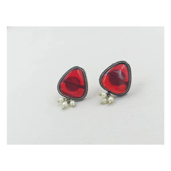 Fashionable_Pearl__drop__with_Triangular_shape_Pink_colour_synthetic_stone__Oxidized_earrings_for_women_&_girls