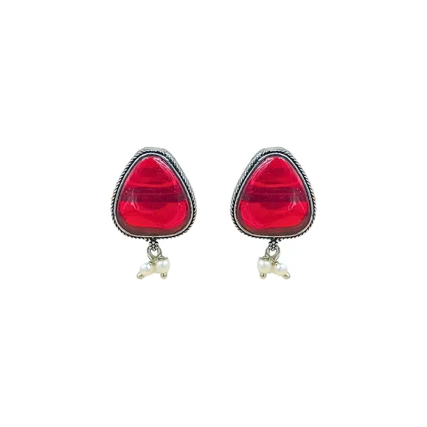 Fashionable_Pearl__drop__with_Triangular_shape_Pink_colour_synthetic_stone__Oxidized_earrings_for_women_&_girls