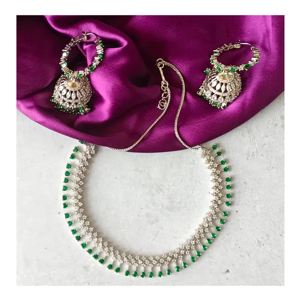 Dazzling_White_&_Green_AD_Necklace_Set_with_beutiful_Jhumka_for_Women_&_Girls,_Wedding_jewellery,_Traditional_Jewellery