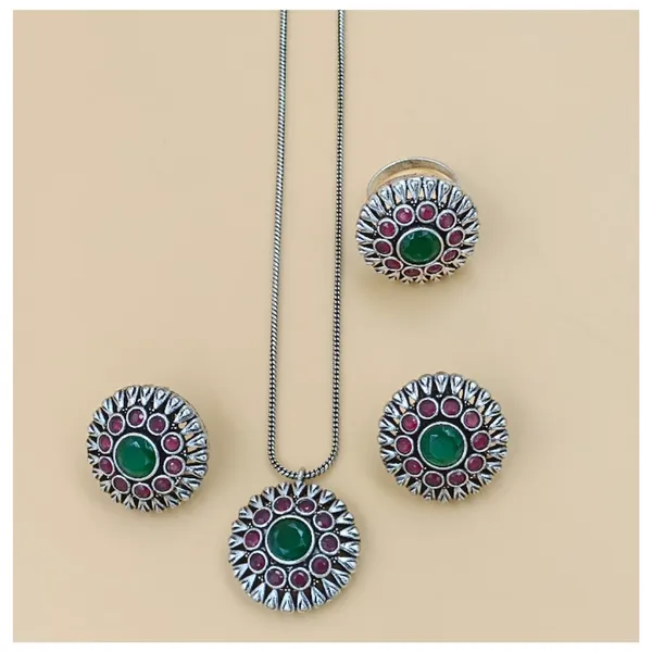 Green_&_Red_Double_Layer_Floral_Design_Oxidized_Pendant_Chain_Set_for_Women_&_Girls