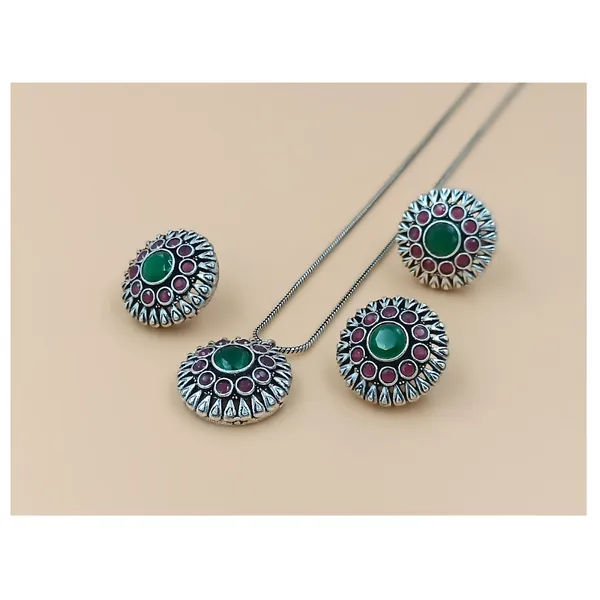 Green_&_Red_Double_Layer_Floral_Design_Oxidized_Pendant_Chain_Set_for_Women_&_Girls