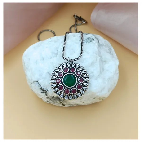 Green_&_Red_Double_Layer_Floral_Design_Oxidized_Pendant_Chain_Set_for_Women_&_Girls
