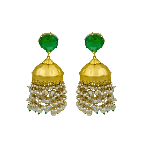 Green_Vintage_Style_Designer_Jhumka_Matt_Gold_Plated_Studded_With_Green_Stone_For_Women_&_Girls