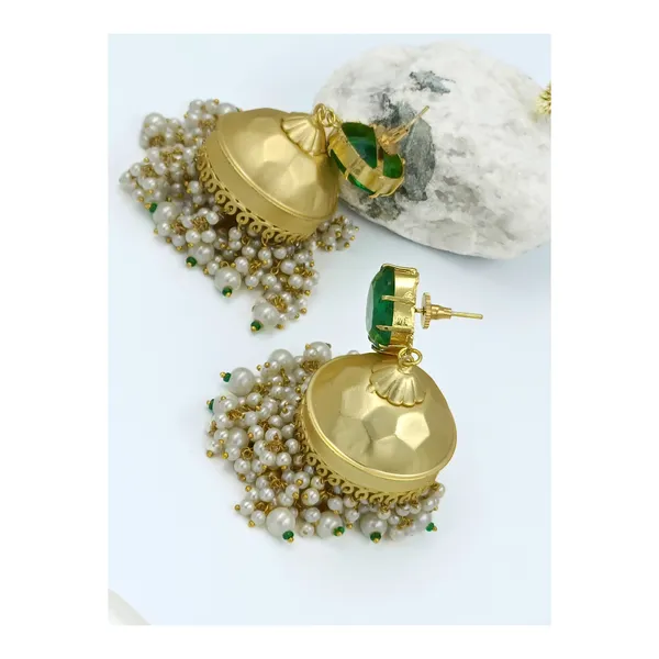Green_Vintage_Style_Designer_Jhumka_Matt_Gold_Plated_Studded_With_Green_Stone_For_Women_&_Girls