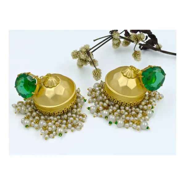 Green_Vintage_Style_Designer_Jhumka_Matt_Gold_Plated_Studded_With_Green_Stone_For_Women_&_Girls
