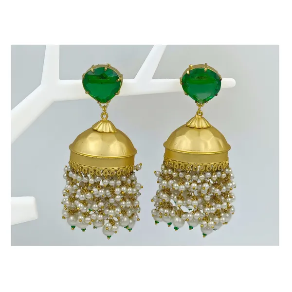 Green_Vintage_Style_Designer_Jhumka_Matt_Gold_Plated_Studded_With_Green_Stone_For_Women_&_Girls