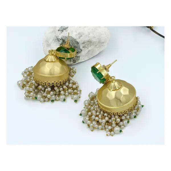 Green_Vintage_Style_Designer_Jhumka_Matt_Gold_Plated_Studded_With_Green_Stone_For_Women_&_Girls