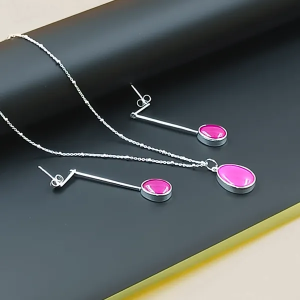 Pink_Natural_Stone_Pink_Fuchsia_Chalcedony_Pendant_Set_With_Long_Drop_Style_Earring_For_Women