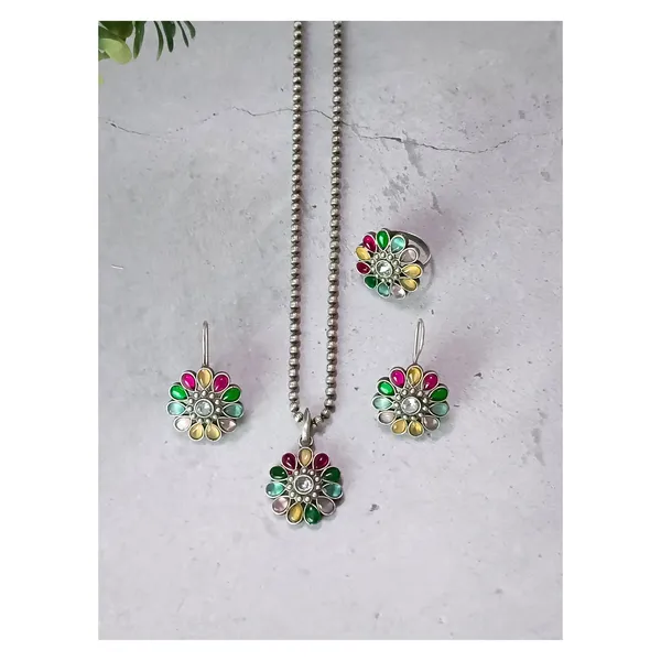 Floral_design_Multi_Colour_synthetic_stone_Oxidized_Necklace_set_with_Earring_&_Finger_Ring_for_women_&_girls
