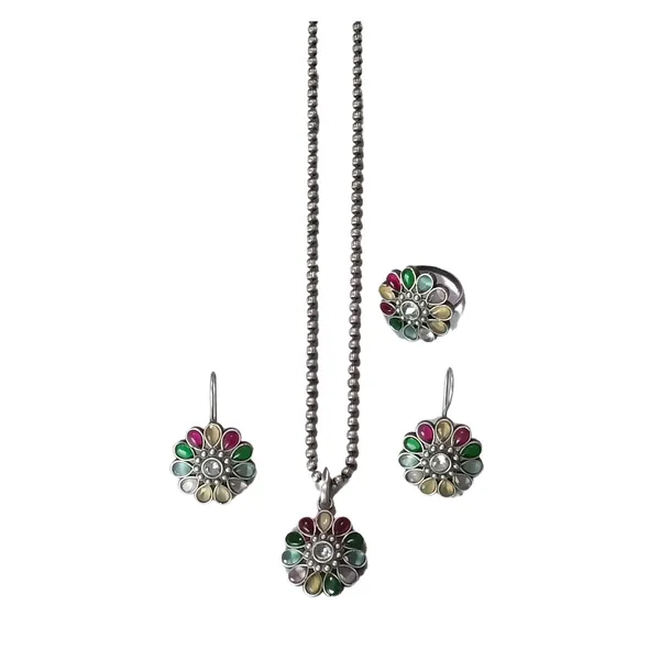 Floral_design_Multi_Colour_synthetic_stone_Oxidized_Necklace_set_with_Earring_&_Finger_Ring_for_women_&_girls