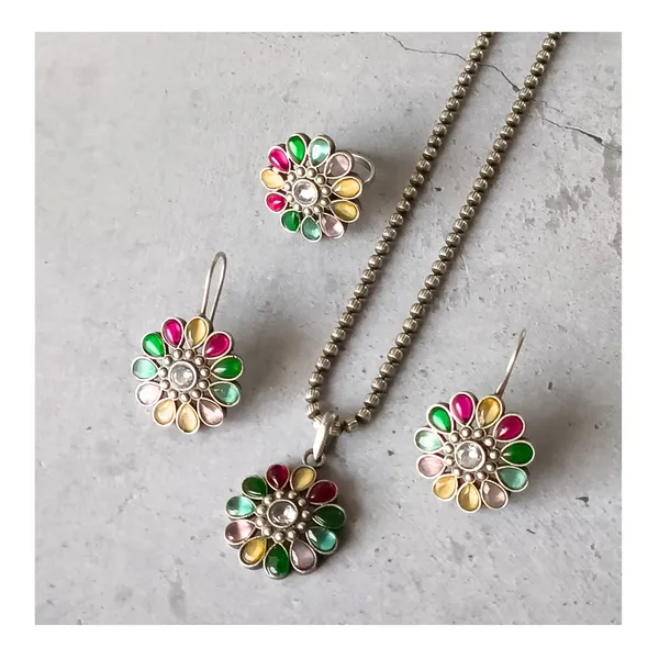 Floral_design_Multi_Colour_synthetic_stone_Oxidized_Necklace_set_with_Earring_&_Finger_Ring_for_women_&_girls