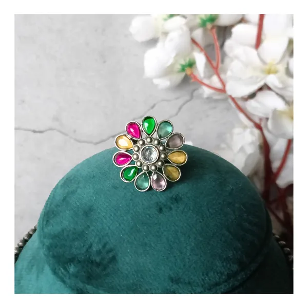 Floral_design_Multi_Colour_synthetic_stone_Oxidized_Necklace_set_with_Earring_&_Finger_Ring_for_women_&_girls