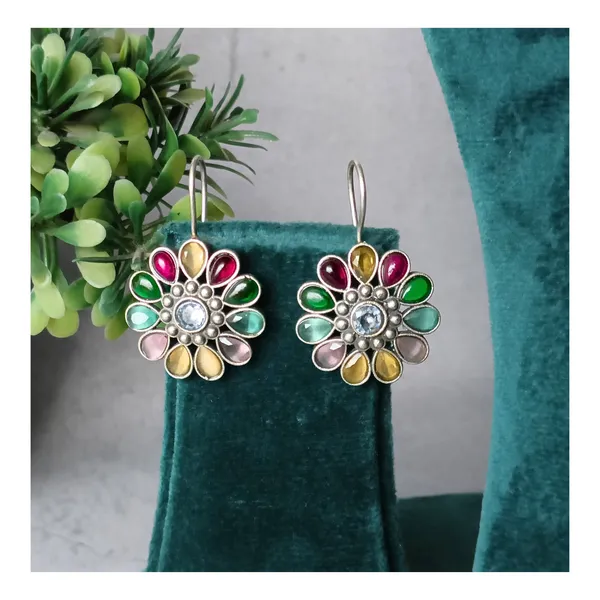 Floral_design_Multi_Colour_synthetic_stone_Oxidized_Necklace_set_with_Earring_&_Finger_Ring_for_women_&_girls