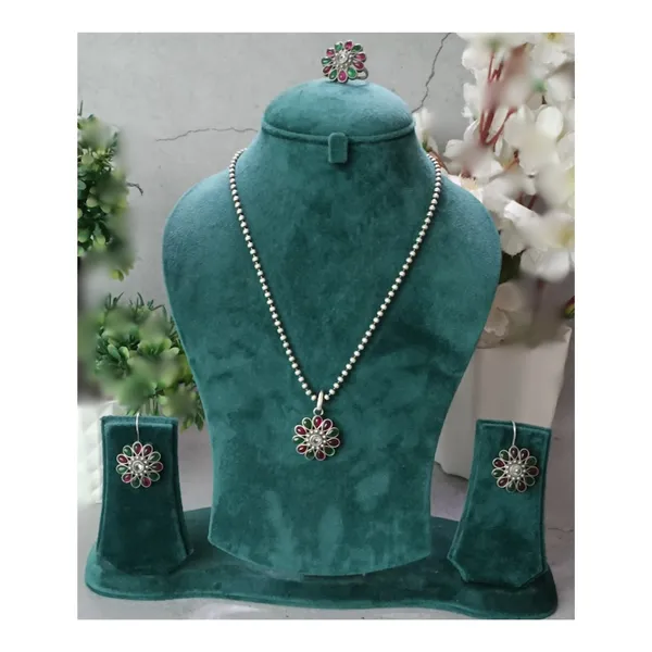 Floral_design_Red_&_green_synthetic_stone_Oxidized_Necklace_set_with_Earring_&_Finger_Ring_for_women_&_girls