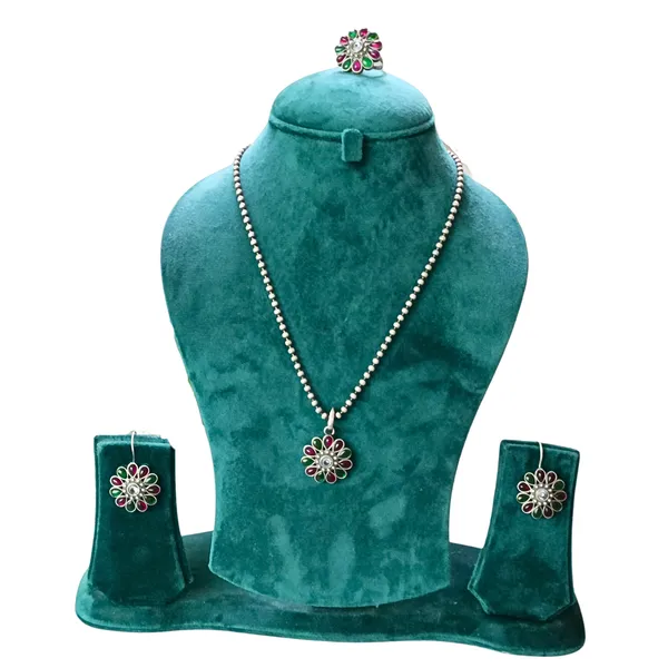 Floral_design_Red_&_green_synthetic_stone_Oxidized_Necklace_set_with_Earring_&_Finger_Ring_for_women_&_girls