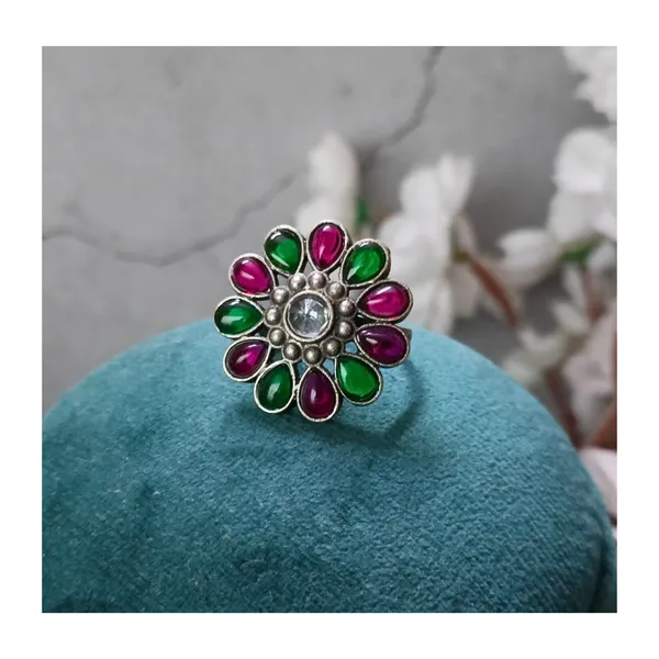 Floral_design_Red_&_green_synthetic_stone_Oxidized_Necklace_set_with_Earring_&_Finger_Ring_for_women_&_girls
