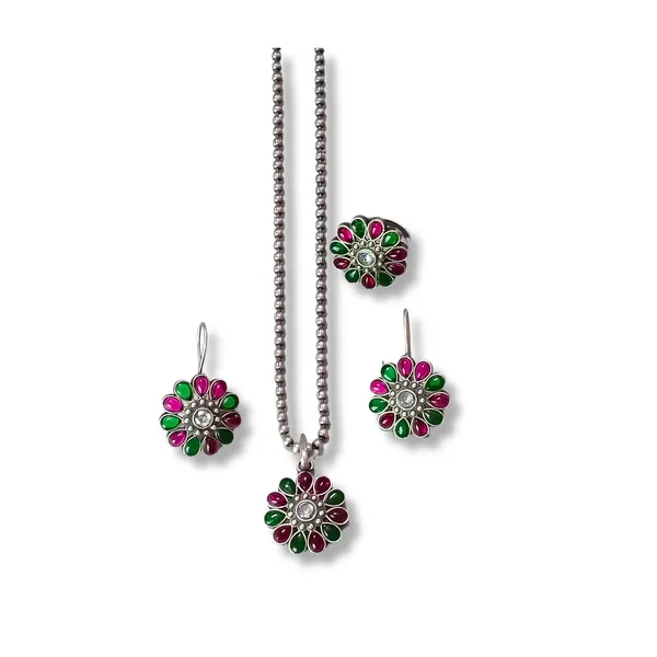 Floral_design_Red_&_green_synthetic_stone_Oxidized_Necklace_set_with_Earring_&_Finger_Ring_for_women_&_girls