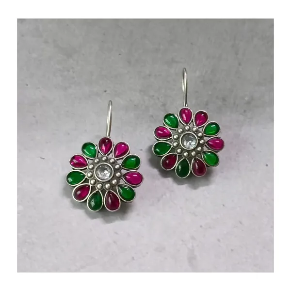 Floral_design_Red_&_green_synthetic_stone_Oxidized_Necklace_set_with_Earring_&_Finger_Ring_for_women_&_girls