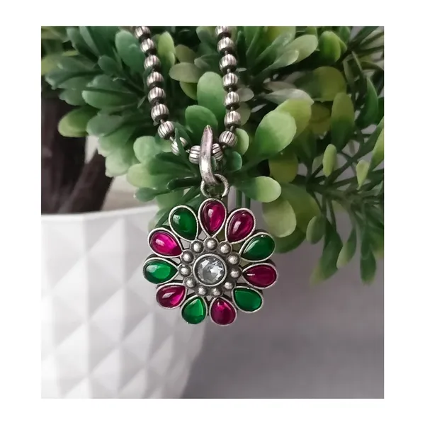 Floral_design_Red_&_green_synthetic_stone_Oxidized_Necklace_set_with_Earring_&_Finger_Ring_for_women_&_girls