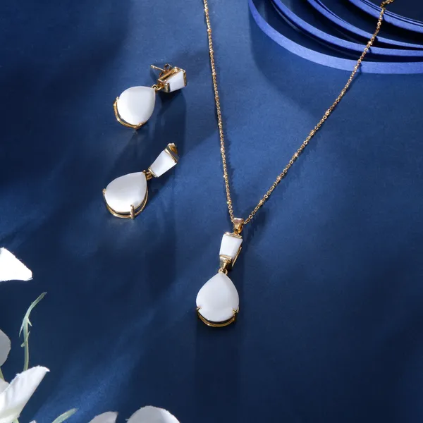 White_Tear_Drop_White_Agate_Pendant_Set_For_Women_&_Girls