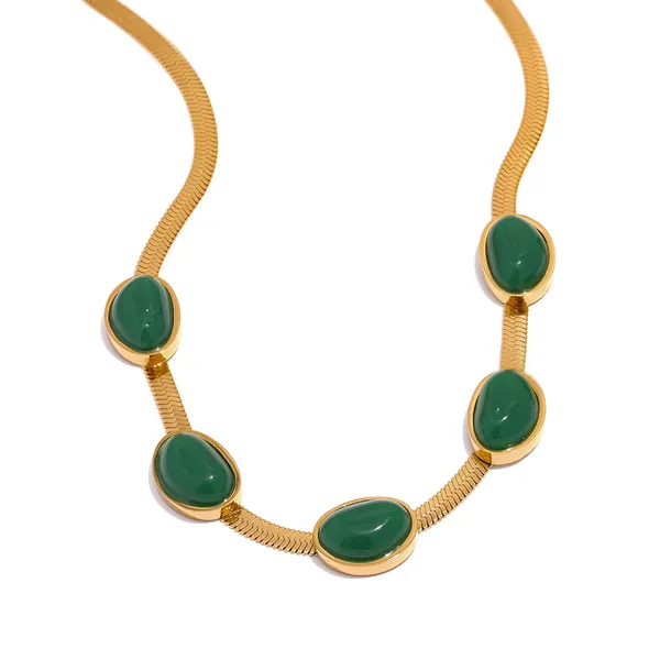 High_Grade_Green_Emerald_Stone_Stainless_Steel_Snake_Chain_Necklace_For_Girls_&_Women
