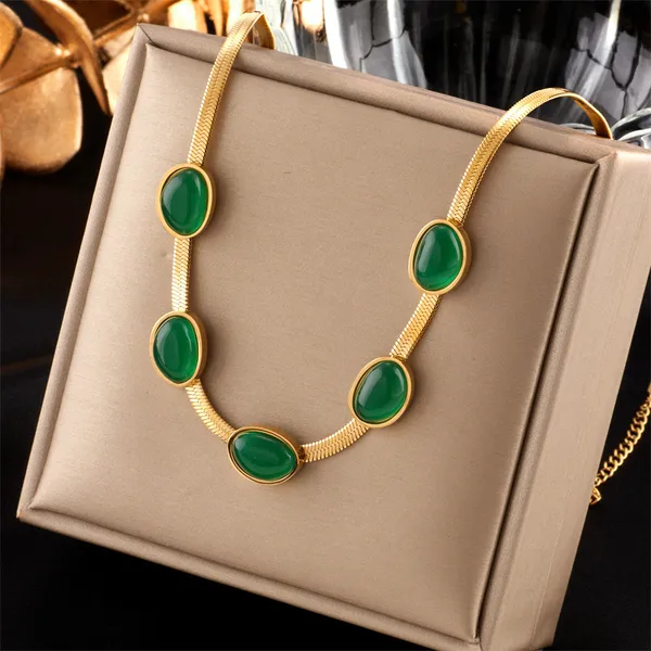 High_Grade_Green_Emerald_Stone_Stainless_Steel_Snake_Chain_Necklace_For_Girls_&_Women