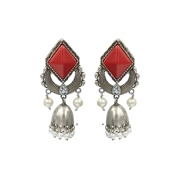 Red_Diamond_Shape_Red_Stone_Studded_Bell_Dome_Style_Oxidized_Jhumka_For_Women_&_Girls