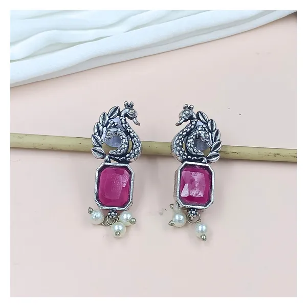 Peacock-Style_Oxidised_Earrings_With_Red_Synthetic_Stone_For_Women_&_Girls