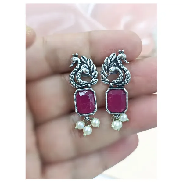 Peacock-Style_Oxidised_Earrings_With_Red_Synthetic_Stone_For_Women_&_Girls