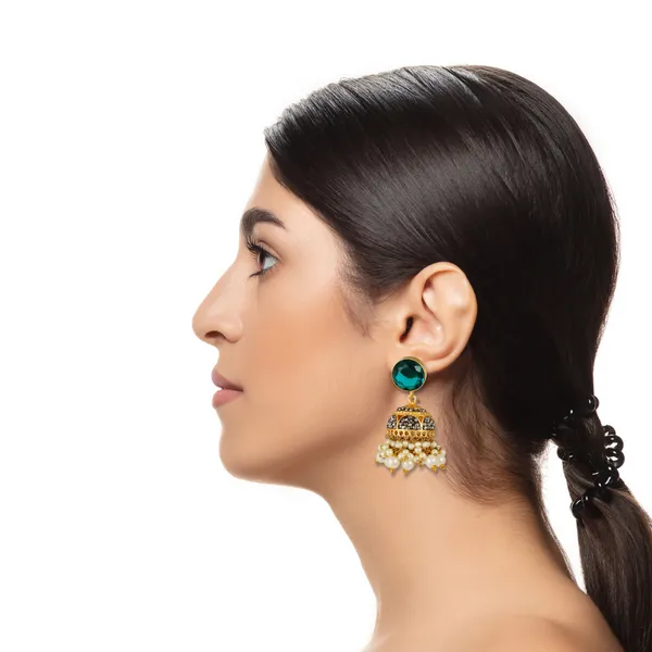 Sparkling_Dual_Tone_Designer_Jhumka_studded_with_Blue_color_stone_for_Women_&_Girls