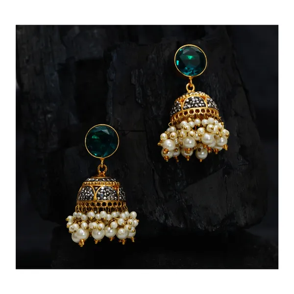 Sparkling_Dual_Tone_Designer_Jhumka_studded_with_Blue_color_stone_for_Women_&_Girls