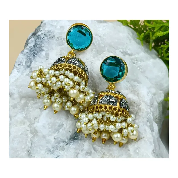 Sparkling_Dual_Tone_Designer_Jhumka_studded_with_Blue_color_stone_for_Women_&_Girls