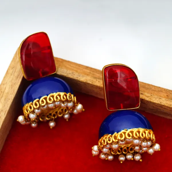 Premium_Quality_Enamel_Painted__Blue_ColourJhumka_with_Red_Synthetic_Stone_for_Women_&_Girls.