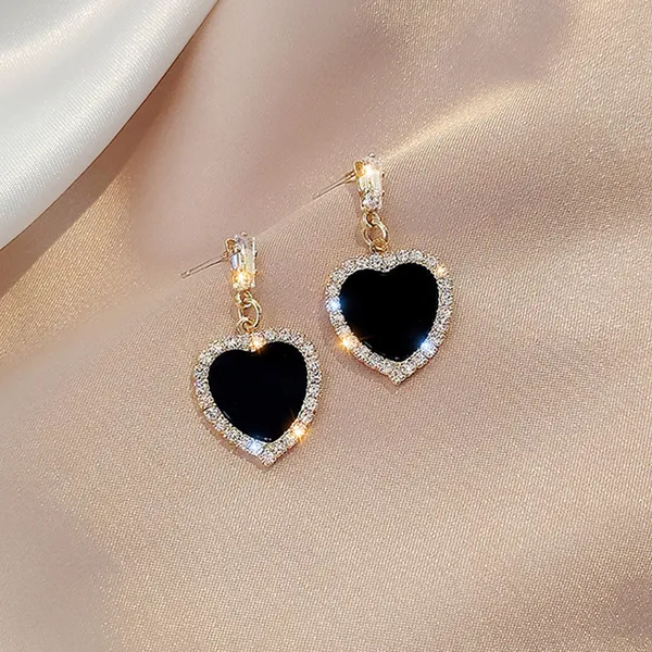 Black_colour_Gold_Plated_Heart_Shape_Stud_&_Zircon_Embellished_Drop_Earrings_for_women_&_girls,_Stylish,_Fashionable,_Korean_Jewelry