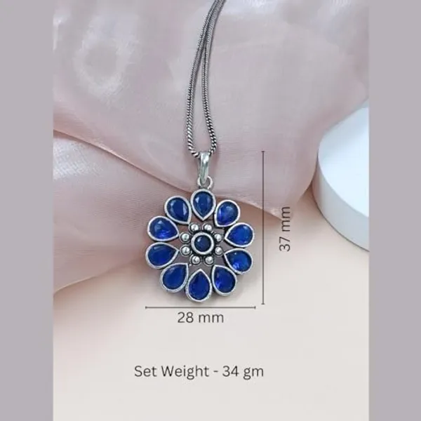 Blue_Floral_Design_Oxidised_Pendant_Set_With_Earrings_&_Ring_Embossed_With_Blue_Color_Glass_Stone_Available_For_Women_&_Girls