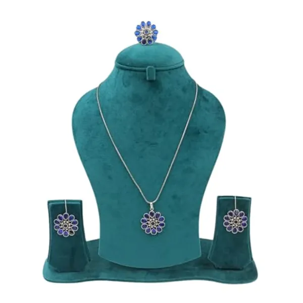 Blue_Floral_Design_Oxidised_Pendant_Set_With_Earrings_&_Ring_Embossed_With_Blue_Color_Glass_Stone_Available_For_Women_&_Girls
