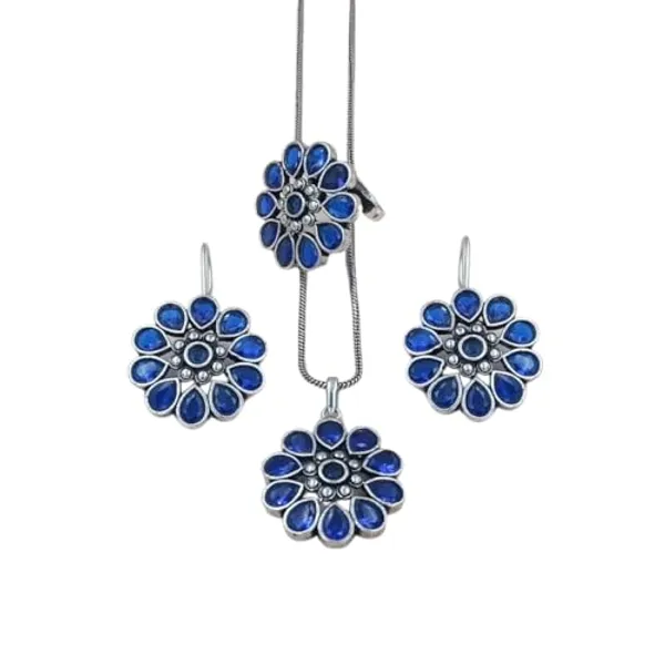 Blue_Floral_Design_Oxidised_Pendant_Set_With_Earrings_&_Ring_Embossed_With_Blue_Color_Glass_Stone_Available_For_Women_&_Girls