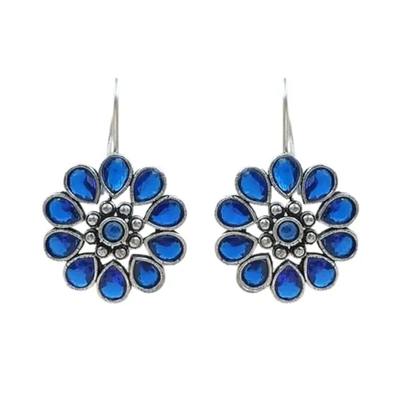 Blue_Floral_Design_Oxidised_Pendant_Set_With_Earrings_&_Ring_Embossed_With_Blue_Color_Glass_Stone_Available_For_Women_&_Girls