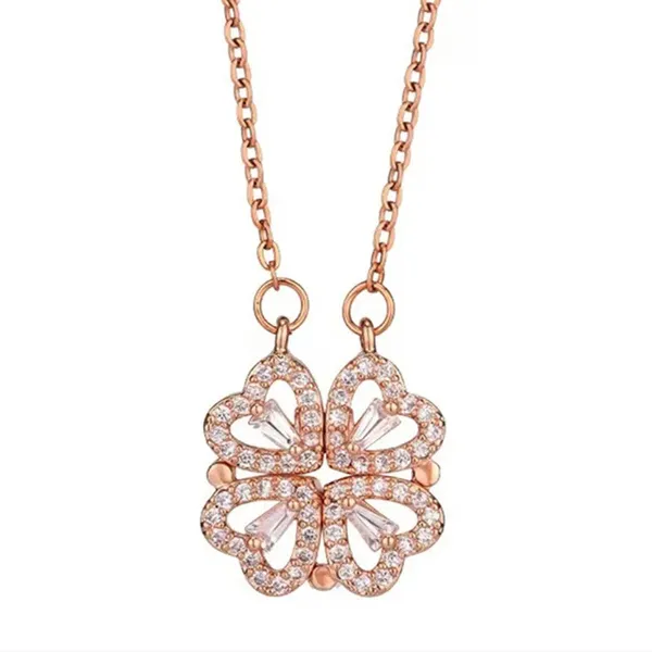 Magnetic_Four-Leaf_Clover_Heart_Necklace_|_2-in-1_Stainless_Steel_Rose_Gold_plated_Pendant_Chain_|_Women's_Trendy_&_Lucky_Charm_Jewelry