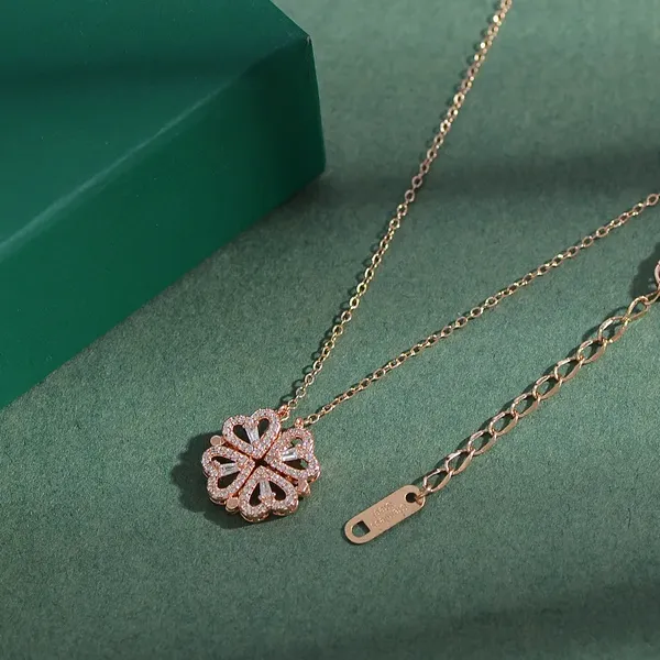 Magnetic_Four-Leaf_Clover_Heart_Necklace_|_2-in-1_Stainless_Steel_Rose_Gold_plated_Pendant_Chain_|_Women's_Trendy_&_Lucky_Charm_Jewelry