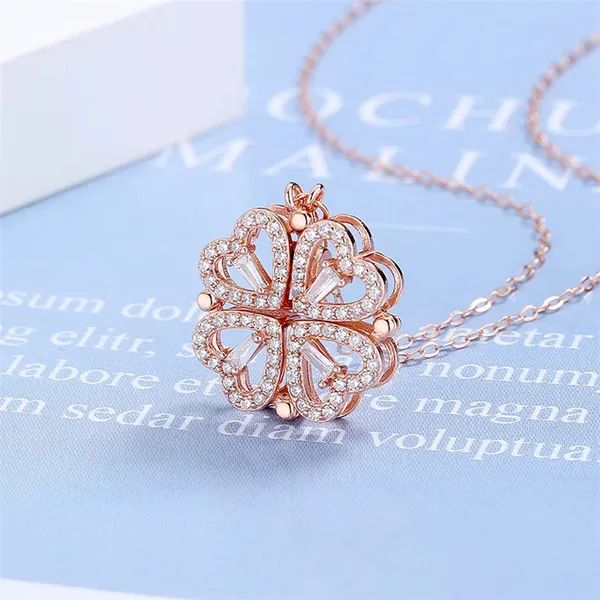 Magnetic_Four-Leaf_Clover_Heart_Necklace_|_2-in-1_Stainless_Steel_Rose_Gold_plated_Pendant_Chain_|_Women's_Trendy_&_Lucky_Charm_Jewelry