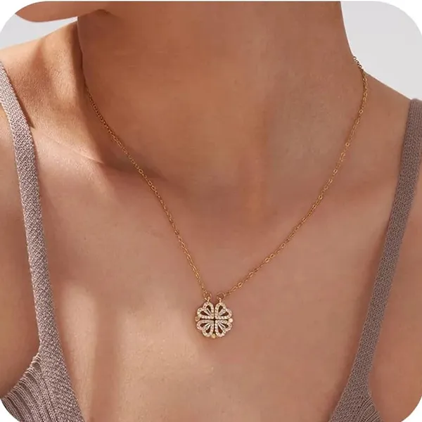 Magnetic_Four-Leaf_Clover_Heart_Necklace_|_2-in-1_Stainless_Steel_Rose_Gold_plated_Pendant_Chain_|_Women's_Trendy_&_Lucky_Charm_Jewelry