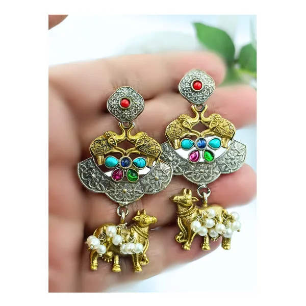 Dual_Tone_Antique_style_German_Silver_Earrings_with_Navratna_Stone_for_Women_&_Girls