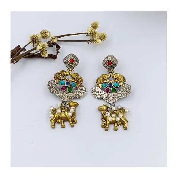 Dual_Tone_Antique_style_German_Silver_Earrings_with_Navratna_Stone_for_Women_&_Girls